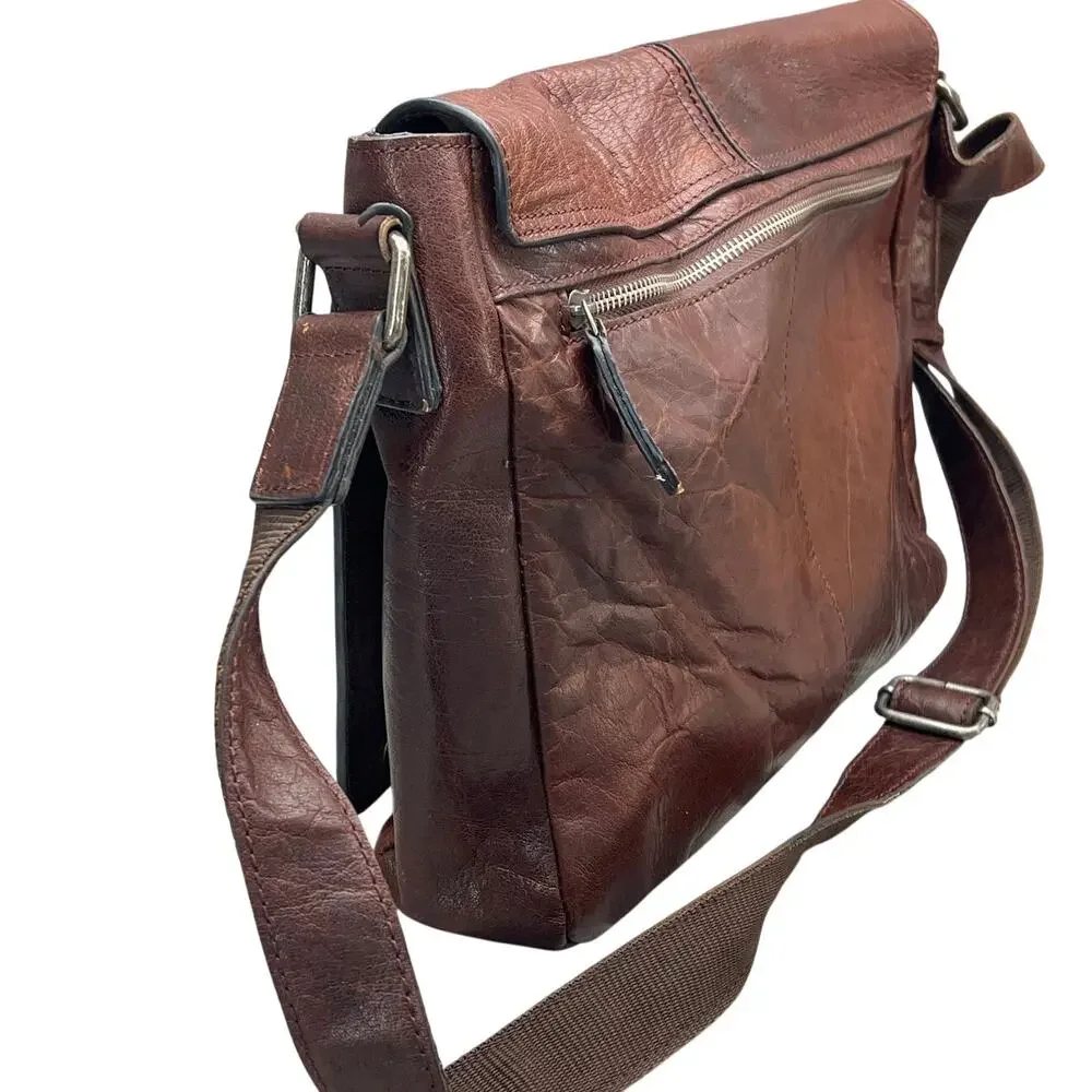 Vintage Dark Brown Patina Leather Front Flap Laptop Messenger Bag